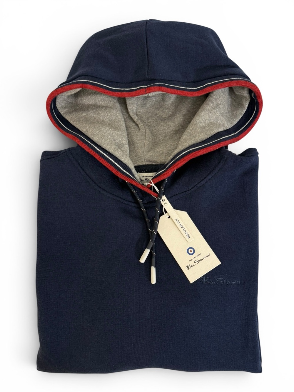 Ben Sherman Navy Hooded Pullover Sweater Red White Trim Men’s Small NWT - Picture 8 of 9